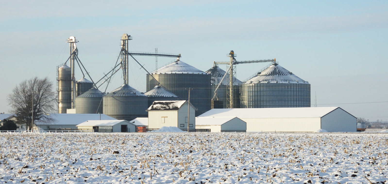 Farm operation with silos and barns on a winter morning